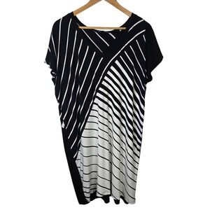 Samuel Dong Black White Striped V Neck Tunic‎ Dress Women's Size Medium
